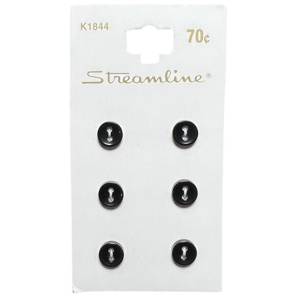 Vintage Streamline Black Buttons 6 Count 75mm Thailand NOS Sewing - Picture 1 of 3